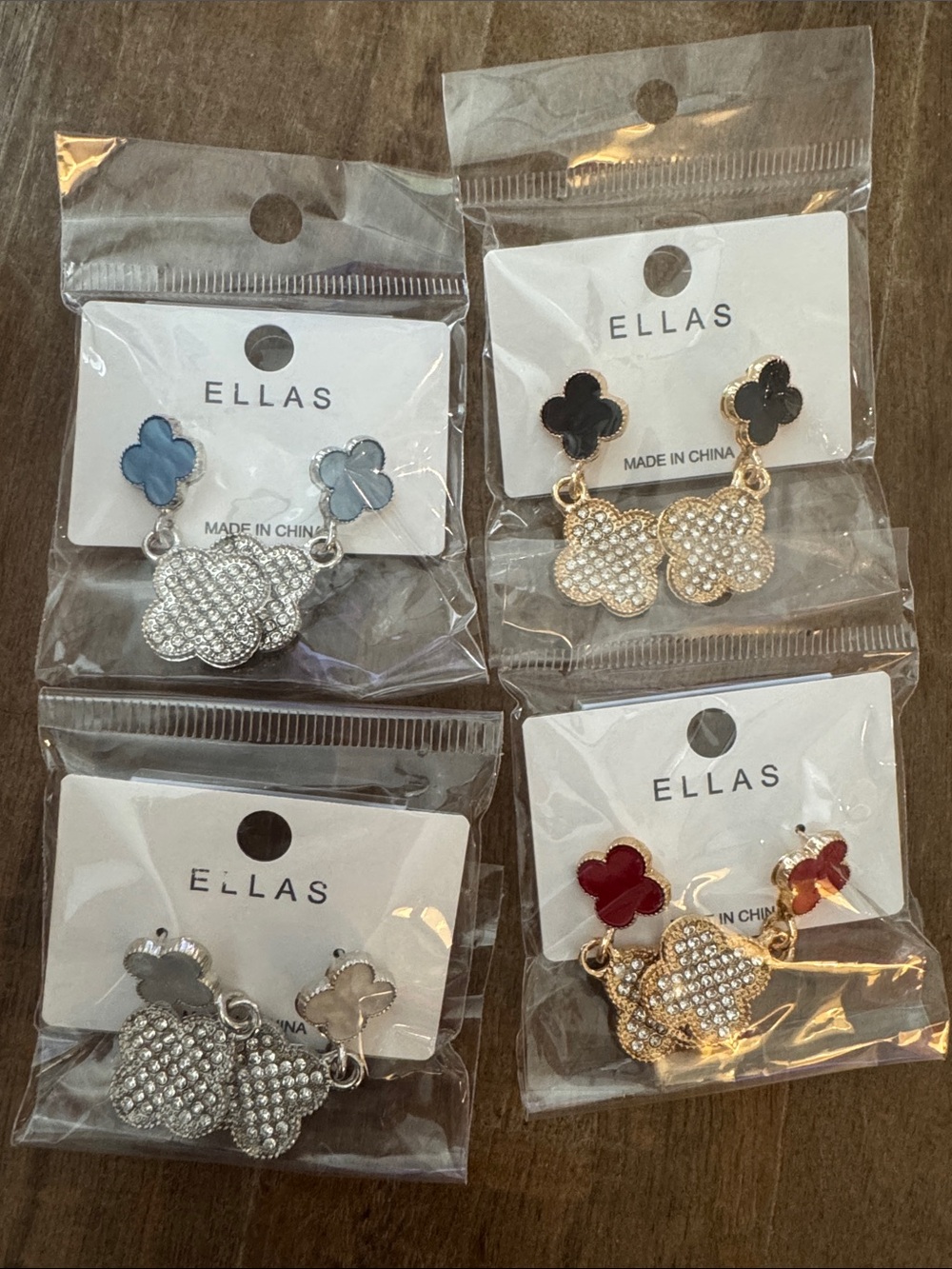4 pc Ella Women's Crystal Clover Drop Earrings - Gold and silver.